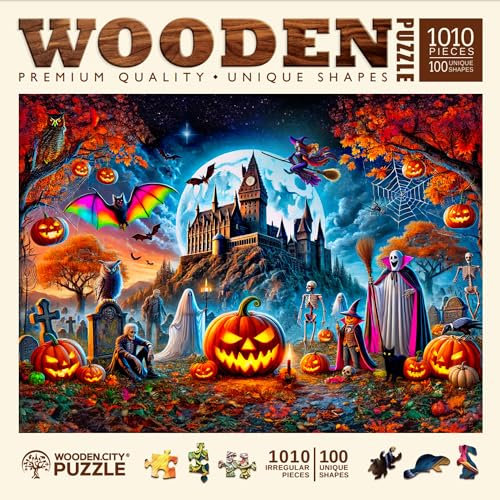 Halloween Puzzle aus Holz 1000 Teile - Geisterhafte Kürbisnacht - 54,0 x 39,4 cm - Made in EU by WOODEN.CITY
