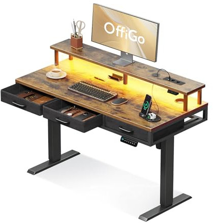 OffiGo Scrivania Elettrica con Cassetti, 120cm Scrivania Elettrica con Supporto per Monitor, Scrivania Gaming con Prese e LED Luminosa, Scrivanie, Marrone