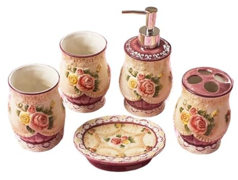 MEIZHITU Modern Seifenspender Set Bad Relief 5-teiliges Bad-Zubehör-Set Aus Keramik, Vintage-Design, Europäischer Stil, Badezimmer-Set Als Hochzeitsgeschenk Seifenspender Bad