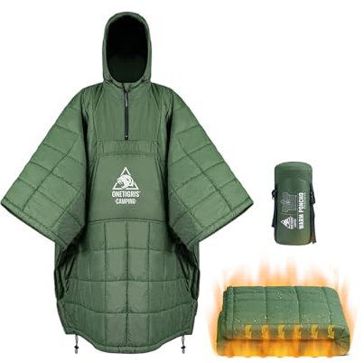 OneTigris Camping Poncho Decke mit 3M Thinsulate Isolierung, wasserdicht Decke warm, mit großen Taschen, tragbare Kapuzendecke für Outdoor, Wandern, Reise(Grün)