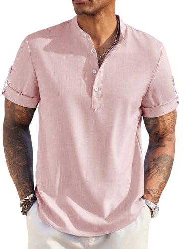 COOFANDY Chemises à Manches Courtes pour Hommes Chemise de Plage d'été Chemises décontractées pour Hommes Chemise d'affaires Coupe régulière Rose XL