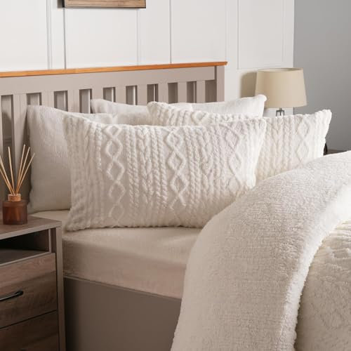 OHS Cable Knit Single Bedding Set, Teddy Fleece Quilt Cover Single Warm Duvet Covers Christmas Bedding Sherpa Reverse with Pillowcases Super Soft Cosy Quilt Covers - Cream