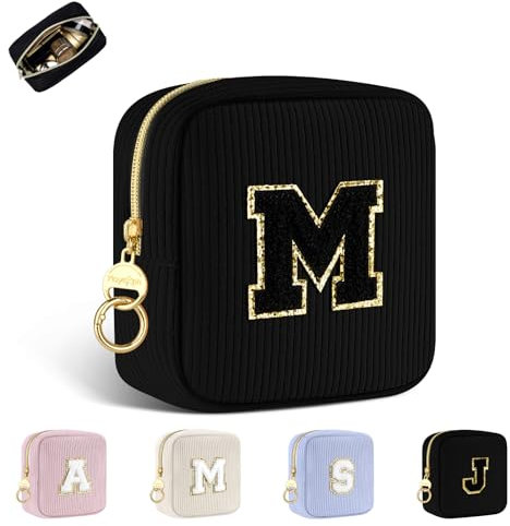 Petit Trousse Personnalisable Pochette Maquillage Femme Mini Trousse de Toilette Fille avec Initiale Sac de Cosmétiques en Velours Côtelé Personnalisée Cadeau Anniversaire Noël Filles Maman(Noir-M)