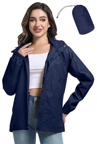 ATLASLAVA Regenjacke Damen Dünne Faltbar Fahrradjacke Wasserdicht Leicht Outdoorjacke mit Kapuze Fahrrad Wandern Dunkel Blau XL