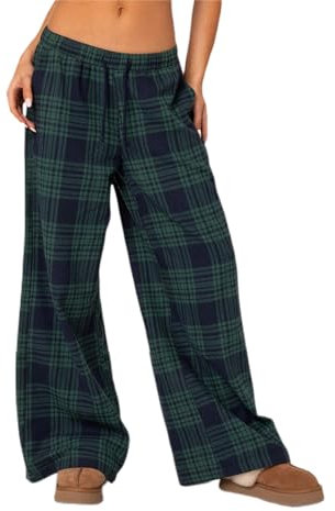 Geagodelia Damen Pyjamahose Sommer Pyjama Hosen Schlafhose Leichte Gestreifte Lange Hose Y2k Lounge Pants Sommerhose Freizeithose Nachtwäsche (G - Grün Blau Karierte, M)