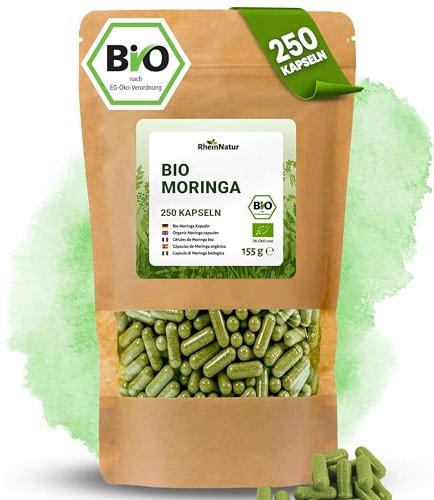 RheinNatur Bio Moringa Kapseln 250 Stück - 2000 mg je Tagesdosis - Reines Bio-Moringapulver in pflanzlicher Kapselhülle, vegan - Reich an Vitaminen, Mineralstoffen & Antioxidantien
