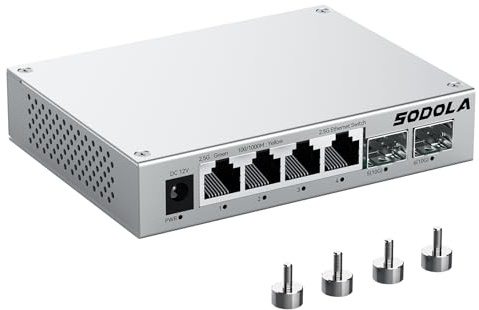 SODOLA 2.5 Gbit Switch, 4X 2,5G Base-T Ports + 2X 10G SFP+ Netzwerk-Switch | Aluminiumkühlung & Magnetfüße, Lüfterlos, Steckerfertig, Unmanaged 2.5Gb Netzwerk-Switch für Wireless AP, NAS, PC