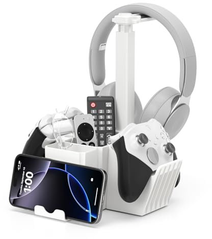 KDD Dual Controller Holder with Headphone Stand - Multi-Functional Desk Storage Box with Phone Holder - Universal Controller Stand with Desktop Organizer for Remote Control Pen Accessories White