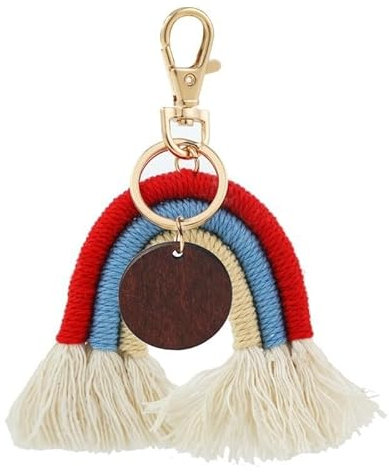 Etsy Bohemian Nordic Quaste hängen Tasche Schlüsselanhänger gewebt Regenbogen Baumwolle Seil rund Holz Chip handgemachter Anhänger DIY Materialpaket selbstgemachter Handy Lanyard Zubehör (9)