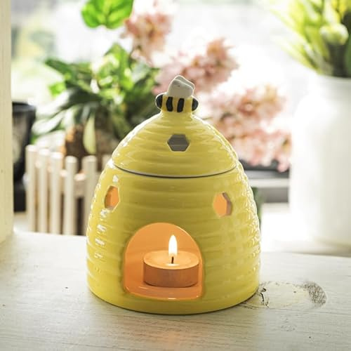 SUMMIT COLLECTION Gifts Ceramic Beehive Tea Light Candle Holder Compatible with Fragrance Oils and Wax Melts Yellow Decorative Bee Honeycomb Design 5.5 H