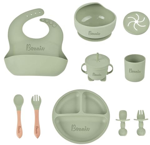 Juego de vajilla de silicona personalizada para bebé, Assiette bébé compartimentée avec ventouse, vajilla de destete para bebé con plato, tazón, tenedor, cuchara, babero y taza
