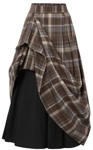 SCARLET DARKNESS Damen Rock Langer Plaid Elastische Taille Mittelalter Rock | A-Linie Rock Damen Herbst Gothic Halloween Rock Steampunk Rock