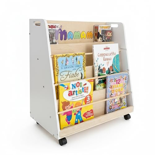 MAMAMI® Libreria Montessoriana per Bambini,in Legno spessore 1.5 cm, 4 Ripiani Frontali e Vano Posteriore, Ruote Opzionali, 72x67x35 cm
