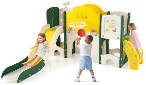 COSTWAY Kids Slide, Toddler Slide and Climber Set with Basketball Hoop, Telescope, Ring Toss, Crawling Tunnel, Long Aisle, Indoor Playground for Boys Girls (10 in 1)