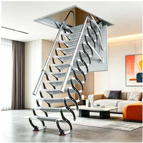 350kg Loft Ladder Ceiling Attic Stairs with 2 Handrails, 12-Step, 2.7-3m | Retractable Loft Ladder,Pull Down Attic Ladder,Concertina Loft Ladder,Opening size 80x100cm for Home Indoor/Garages/Basements