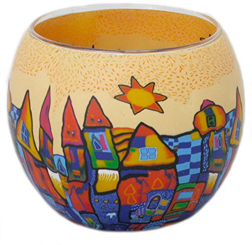 Leuchtglas mit Teelicht Motiv 42 Stadt orange-bunt /11cm