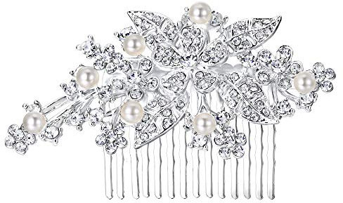 EVER FAITH Österreichische Kristall Simulierte Perle Braut Blume Blatt Branch Haar Kamm Klar Silber-Ton