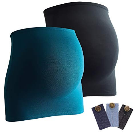 Mamaband Schwangerschaft Bauchband für die Babykugel im Doppelpack + 3erPack Jeanserweiterung – Rückenwärmer und Shirtverlängerung für Schwangere – Elastische Umstandsmode Schwarz/Petrol 38-42