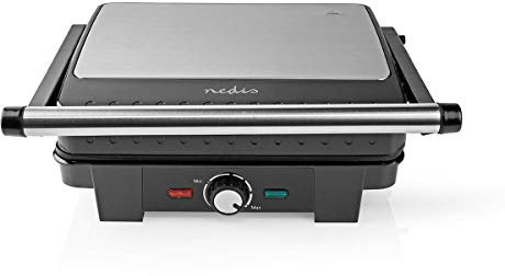 Nedis - Kontakt Grill - Automatischer Temperaturkontrolle - Höhenverstellbares Scharniersystem - Tischgrill-Funktion - Cool-Touch-Griff - Abtropfschale - 29 x 23 cm - Edelstahl/Kunststoff