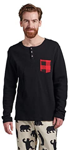 Hatley Herren Long Sleeve Pajama Tee Pyjamaoberteil, Schwarz mit Buffalo Plaid Pocket, L EU