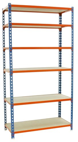 SimonRack Schwerlastregal, Lagerregal, 250x110x30 cm, Metallregal, Kellerregal, Biegestelle 200 kg, 6 Holzfachböden, Blau/Orange/Holz - Maderclick
