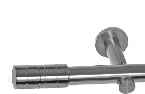 BASIT Gardinenstange Edelstahllook 20mm 1-läufig Wand 180cm lang H31 | Gardinenstangenset einläufig Wandmontage Metall Vorhangstange Wandhalterung 120-600cm wählbar Kappe Zylinder E34