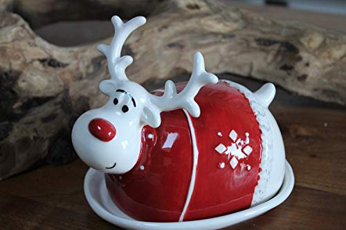 Holzwurm Butterdose/Butterglocke Elch, ovale Form, weihnachtliche Keramikbutterdose