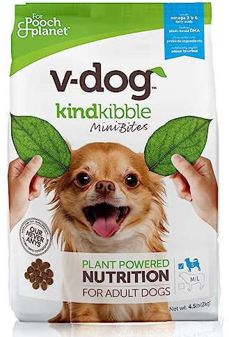 V-dog Vegan Mini Kibble Dry Dog Food (4.5 LB) Small Breed Dogs | Plant-Based Protein with Added Taurine for Sensitive Stomach and Skin | All Natural Made in US