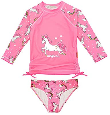 weVSwe Costumi da Bagno per Ragazze - Set di 2 Pezzi Rash Guard Costume da Bagno A Maniche Lunghe per Bambini SPF 50+ Costume da Bagno Protezione Solare Bow-Knot Arcobaleno Rosa Unicorno 5-6 Anni