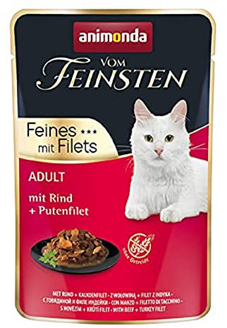 animonda vom Feinsten mit Filets, Katzenfutter nass mit Rind + Putenfilet, 18 Portionsbeutel (18 x 85g), getreidefreies Katzen Nassfutter ohne Zucker, mit fleischigen Zutaten
