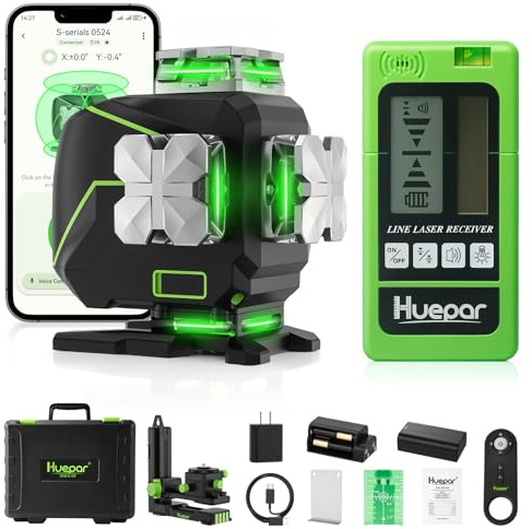 Huepar Laser Level 360 Self Leveling, 4x360° Green 4D Cross Line Laser with Receiver&LCD Screen, Bluetooth Outdoor Pulse Mode 16 Lines Laser Tool Kit for Construction, Remote Control Included -S04-5RG