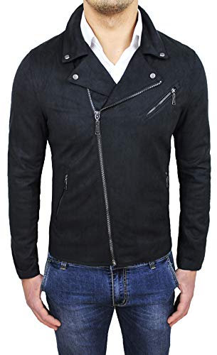 Giubbotto Uomo Scamosciato Primavera Estate Slim Fit Giubbino Giacca chiodo (XXL, Nero)