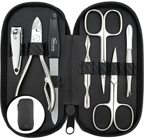 marQus set manicura de 7 piezas de Solingen - Set de manicura y pedicura en estuche de piel sintética, 2 tijeras, cortaúñas, lima, retira-cutícula, alicate y pinza, para hombre y mujer