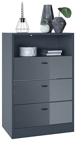Vladon Kommode Pino V2, Made in Germany, Anrichte mit 3 Schubladen & 1 offenem Fach, Anthrazit matt/Grau Hochglanz ohne LED (56 x 86,5 x 36 cm)