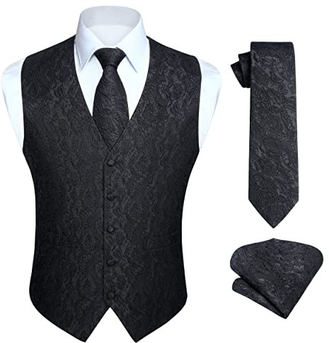 Enlision Anzugweste Schwarz Herren Hochzeit Paisley Westen & Krawatte Einstecktuch Party Floral Jacquard Anzug Weste Set L