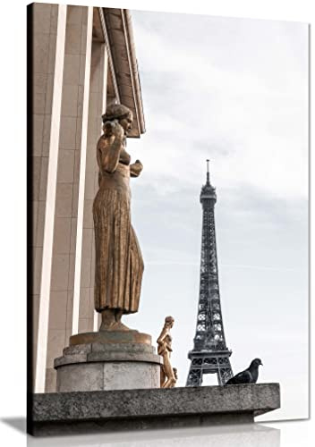 Panther Print Fine Art Prints Architectural Golden Statue & the Eiffel Tower Artistic Framed Canvas Print, Pictures for Home Walls, Bedroom, Living Room & Bathroom Decor 31x20cm (12x8in)