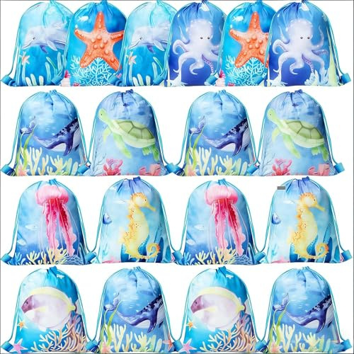 Clabby 12 Stück Ozean Party Geschenkbeutel Meereslebewesen Kordelzugbeutel Süßigkeiten Säckchen Blaue Turnbeutel Meerestiere Geschenktasche für Schule Reise Aufbewahrung (Ozean, 25 x 30 cm)