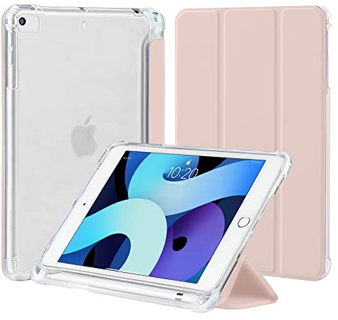 4UBonLife Coque pour iPad Mini 5 / Mini 4 Génération 7,9 Pouces avec Porte-Stylet, Housse Étui de Protection Mince et Légère avec Arrière TPU Souple Translucide Givré Etui Antichoc, Rose