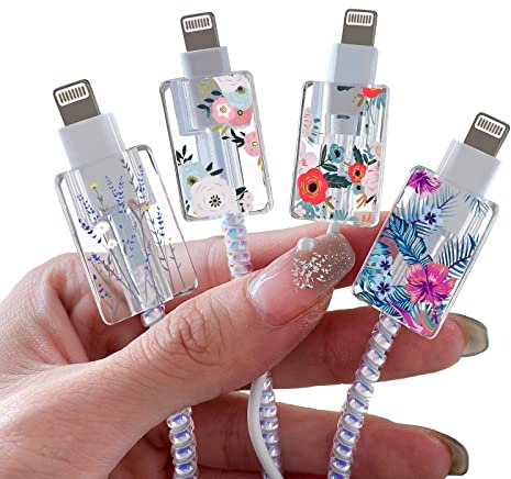 Cute Flowers Cable Protector for iPhone Type-c Charger,Red Roses Camellia Green Leaves Bouquet Pattern 4 PCS Set Cable Protector for Women Girls Kids Teen,Cable Chomper,iPhone Charger Saver-Clear