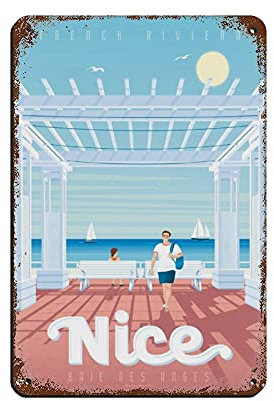 Oudrspo Reiseposter Nizza Frankreich Vintage Blechschild 20,3 x 30,5 cm, Home Office, Küche, Pub, Club, Café, Bar, Bauernhof, Restaurant, Sammlung, Metall, Wandkunst, Retro-Plakette
