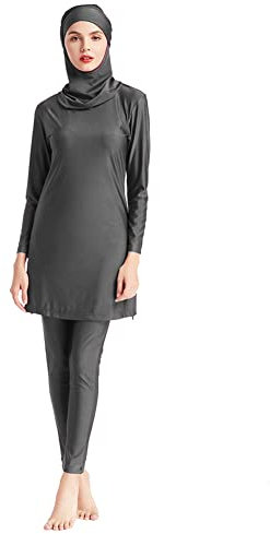 IWEMEK Damen Ganzkörper Burkini Badeanzüge Bescheidene Muslimische Bademode Solide Langarm Schwimmen Top + Hose + Hijab 3tlg Islamischer Badeanzug Arabisch Beachwear Grau XL