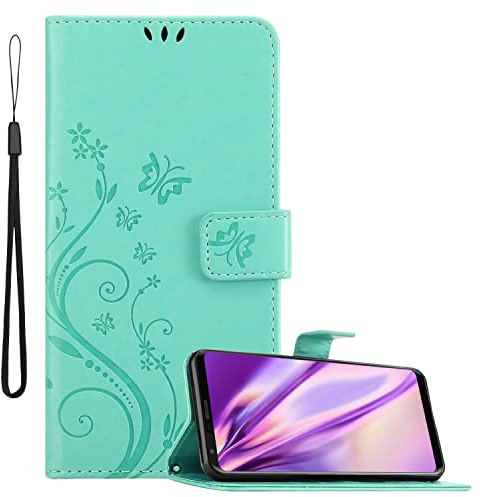 Cadorabo Hülle kompatibel mit LG V30 / V30+ / V30S / V30S+ in FLORAL TÜRKIS - Schutzhülle im Blumen Design mit Magnetverschluss, Standfunktion und Kartenfächern