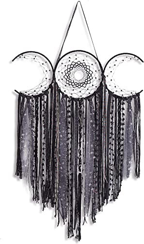 Schwarzer Dreifach-Mond Makramee Wandbehang, Boho Art Große Wicca Mondsichel Traumfänger, Handgemachte böhmische Hippie gewebt Wandteppich Dekor für Schlafzimmer Kinderzimmer Dekoration Geschenk