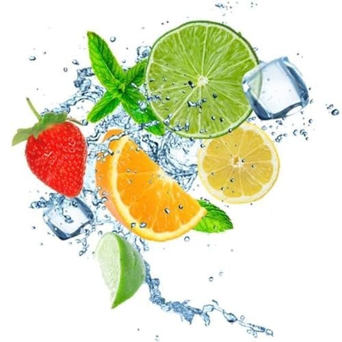adrium Acryl-Bild 70 x 70 cm: Frisches Obst im Wasser spritzt über Weiß, Nahaufnahme. (58916049)
