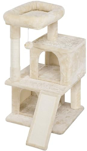 Abician Arbre à Chat Ideal au Coin du Mur Arbre Chat avec Poteaux Sisal à Griffer Niche Spacieuse 1 Boule de Peluche 49 x 45,5 x 91 cm Beige