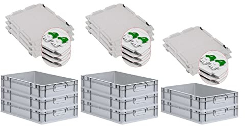 PROREGAL SuperSparSet 8x Eurobox NextGen Grip mit Scharnierdeckel und grünen Schiebeschnappverschlüssen, HxBxT 12x40x60cm, 23 L, Grau, Griffe geschlossen, Eurobehälter, Transportbox