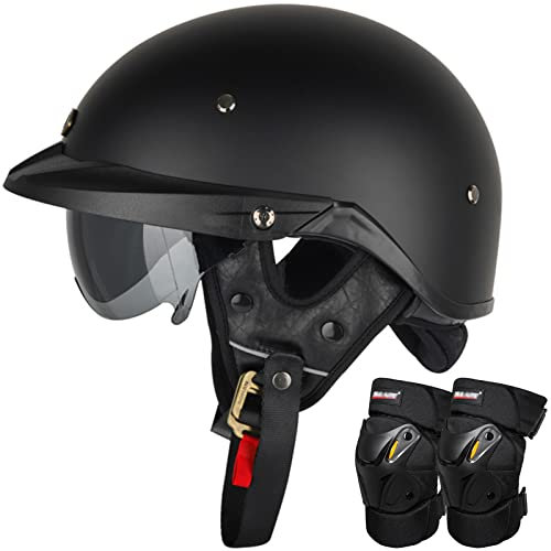 Casco Moto Mezzo Viso, Metà Aperto Faccia Casco del Motociclo Con Occhialoni e Ginocchiere, Casco Jet Vintage Demi Caschi Cromwell Omologato DOT/ECE Casco Scodella Uomini Donne, Nero Opaco-L(59~60cm)