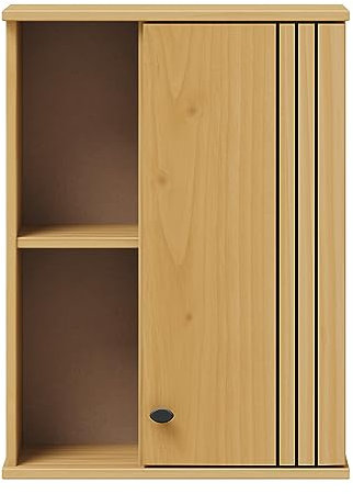 Woodroom Sevilla massiver Hängeschrank eichefarbig lackiert Kiefer massiv 52x70x21 cm 2 offene Fächer 1 Tür Badschrank Badezimmerschrank