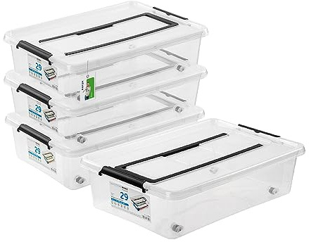 PAFEN 4x Unterbettkommode Aufbewahrungsbox 29L mit Rollen und Griff - 38,5 x 16 x 57,5 cm - Transparent Boxen Aufbewahrung Stapelboxen mit Verschlussclips Kunststoffbehälter