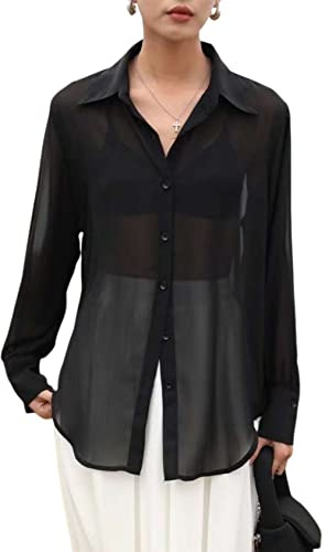 Arssm Sheer Tops for Women Sheer Button Up Blouse Long Sleeve Sexy See Through Tops Mesh Shirts(Black-L)